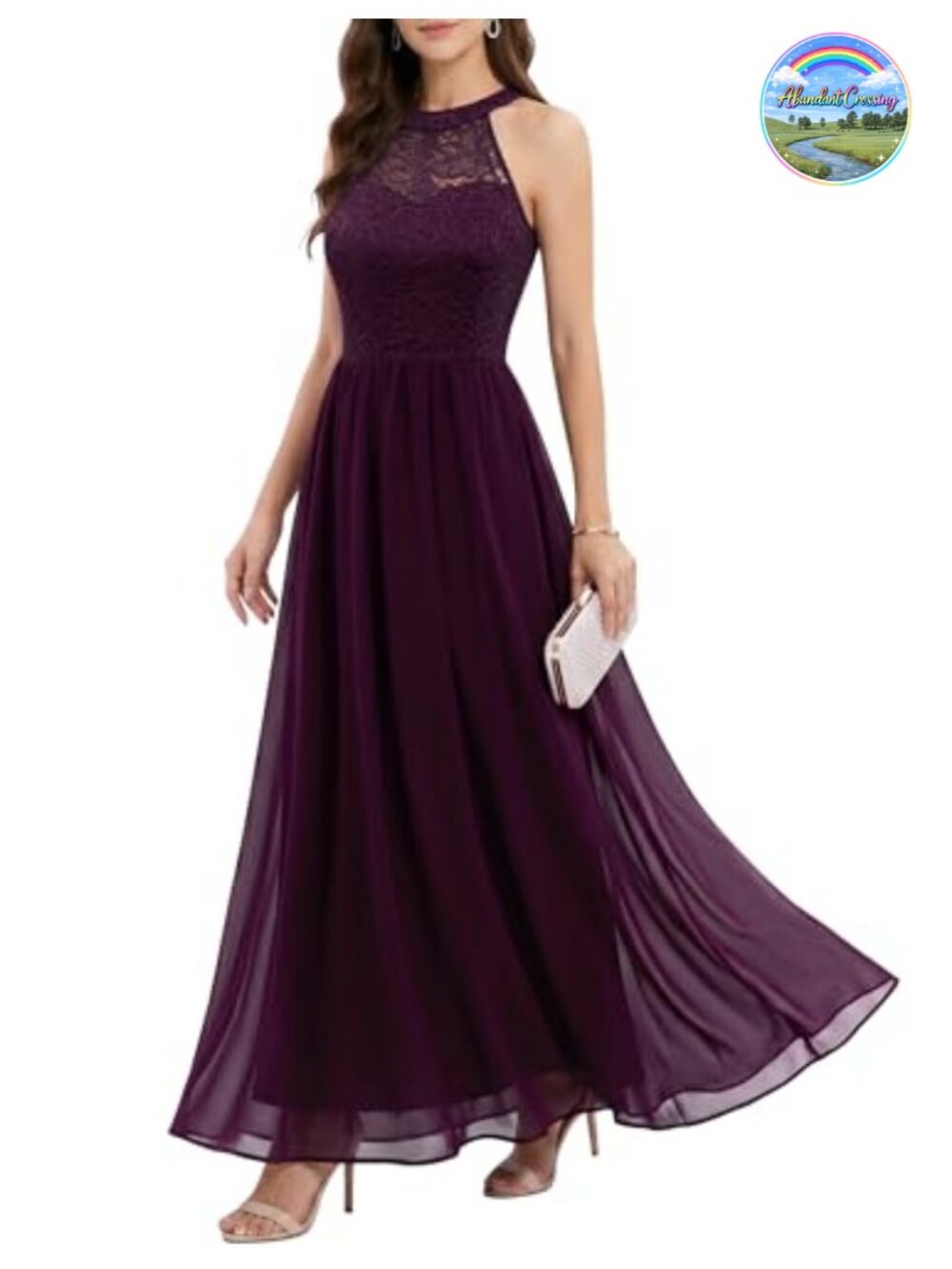 Women's Formal Prom Dress Halter Lace Chiffon Bridesmaid Dress Floral